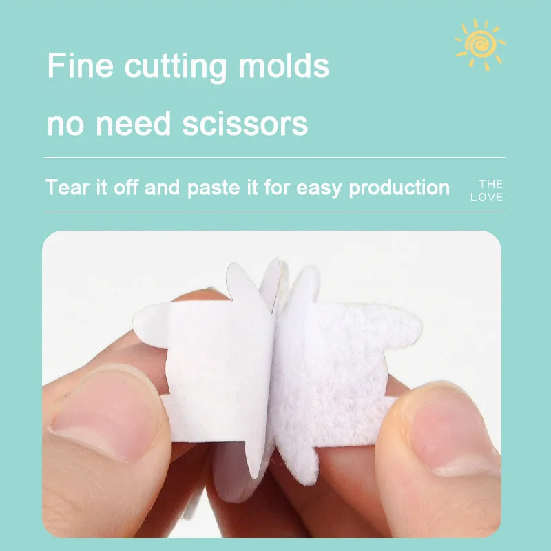 Hands holding non-woven fabric pieces shaped like a bear, with text instructions on easy production.