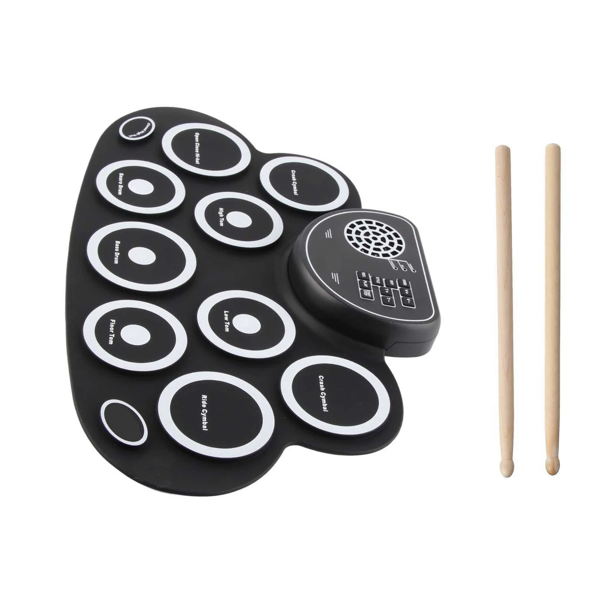 Black roll-up drum pad with eight circular drum pads, speaker, and two wooden drumsticks, designed for kids.