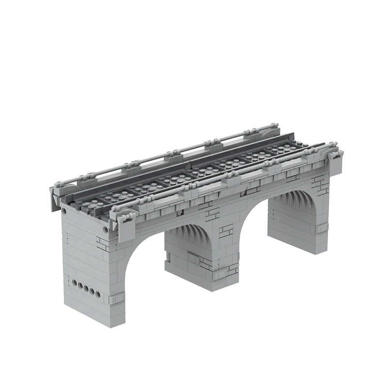 Gray building block model of a traffic bridge viaduct with arches and train track on top, educational toy.