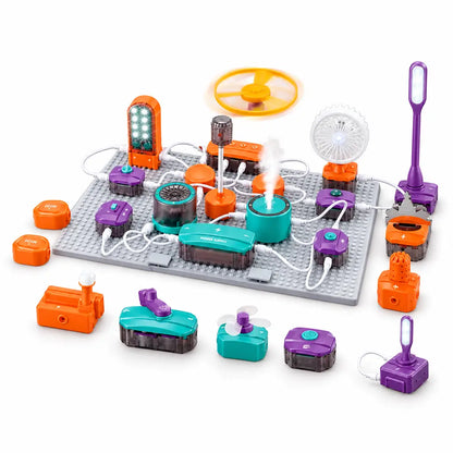 Colorful electronic building blocks toy set with various components for physics experiments, including fans and lights.
