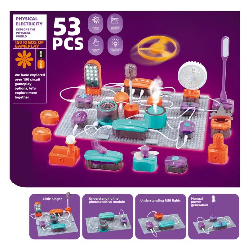 Toy electrical circuit set with 53 pieces on a purple background