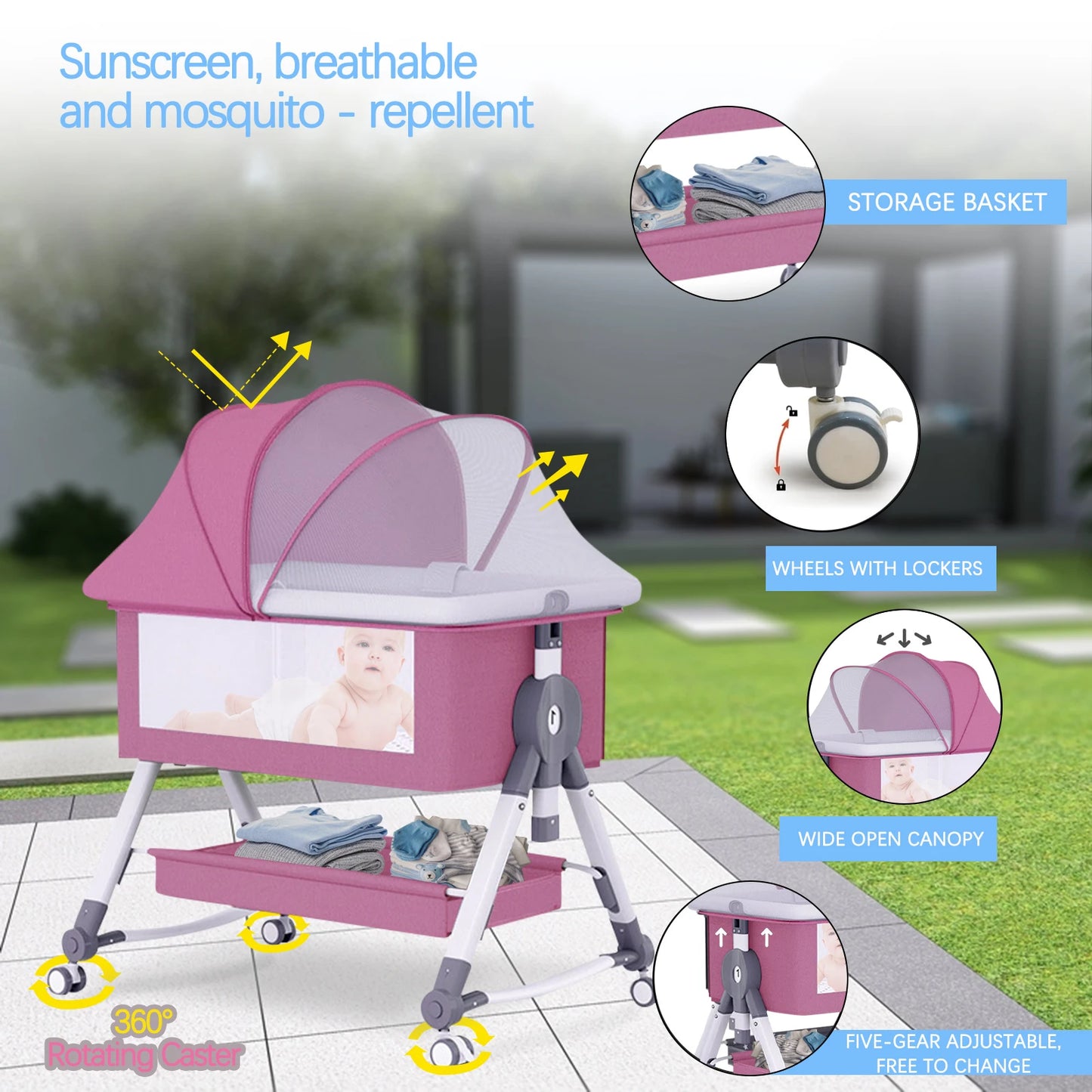 Baby Crib Portable Splicing Cradle Bed Foldable Height Adjustable 3 in 1 Bassinet Bedside Sleeper with Wheels mosquito net