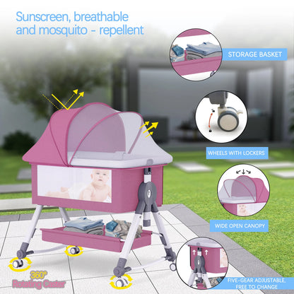 Baby Crib Portable Splicing Cradle Bed Foldable Height Adjustable 3 in 1 Bassinet Bedside Sleeper with Wheels mosquito net