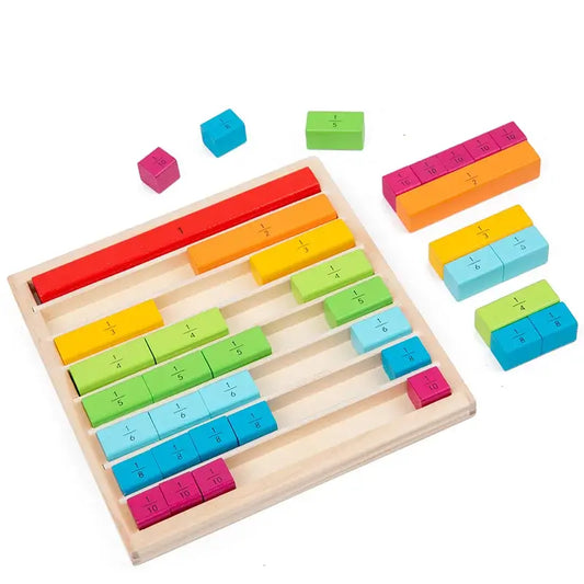 Colorful wooden fraction sticks in red, yellow, green, blue, and orange arranged on a wooden base for educational play.