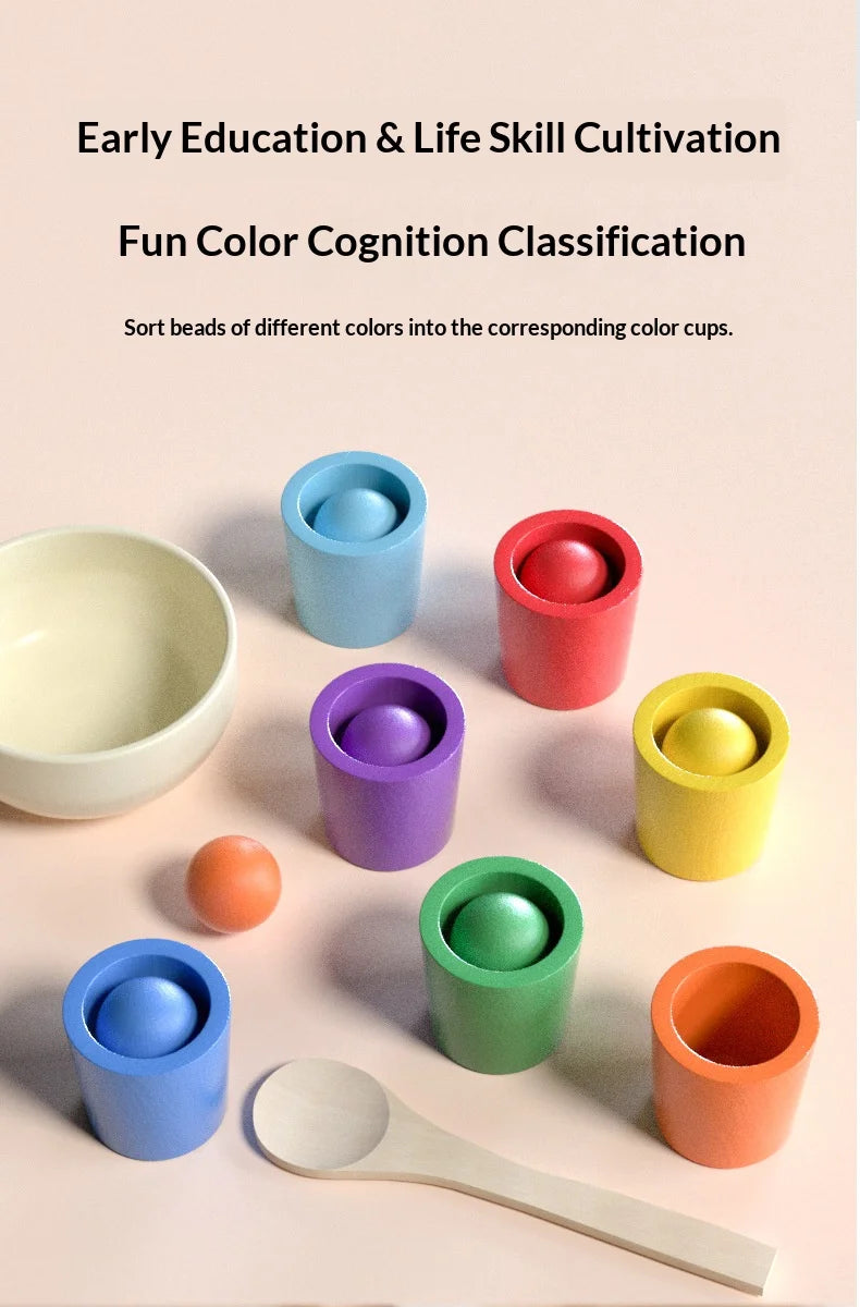 Colorful sorting cups in purple, blue, green, orange, and red with wooden beads and a spoon on a light background.