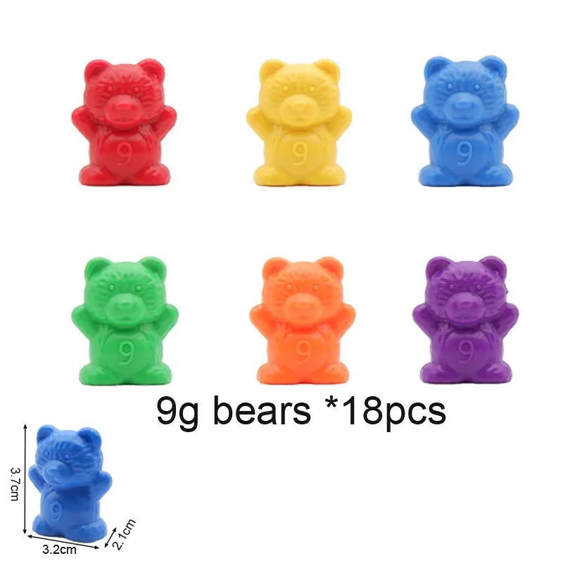 Colorful plastic counting bears in red, yellow, green, orange, purple, and blue, featuring numbers on their bellies.