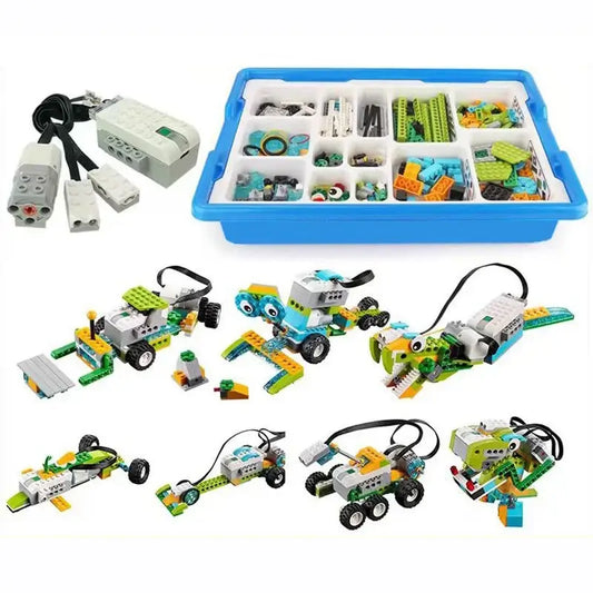 Robotics STEAM boxed kit with colorful building blocks, connectors, and vehicles in a blue storage tray.