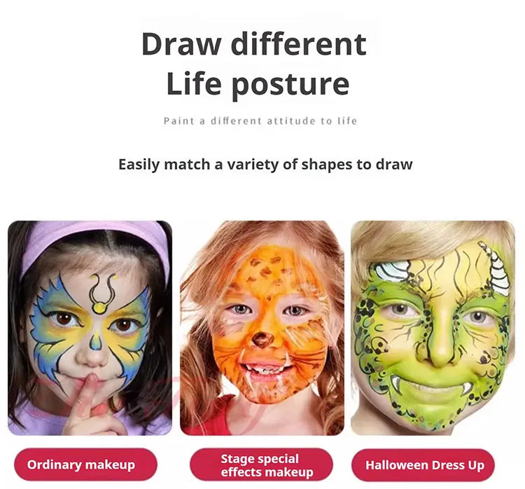 Water Activated Face & Body Paint - 6 Colors with Brush