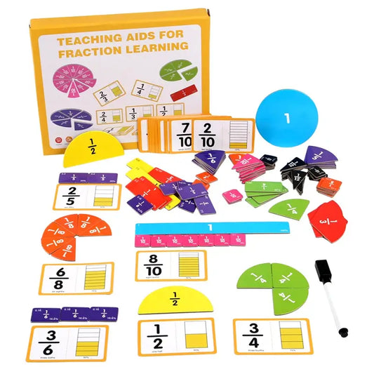 Colorful wooden math fraction learning set with cards, plates, and a marker, arranged on a white background.