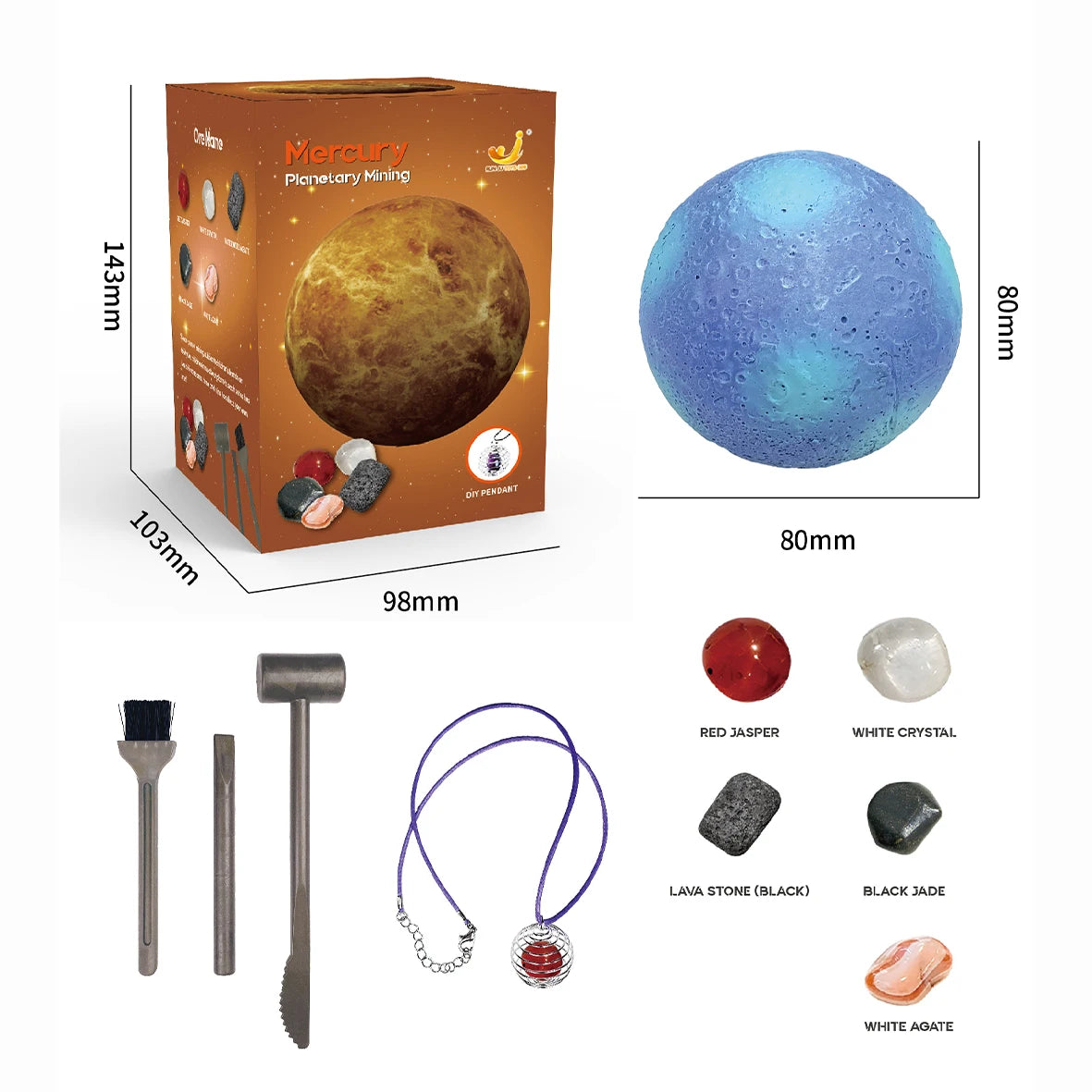Planetary mining toy set with a box featuring a planet design, tools, and various colored stones.