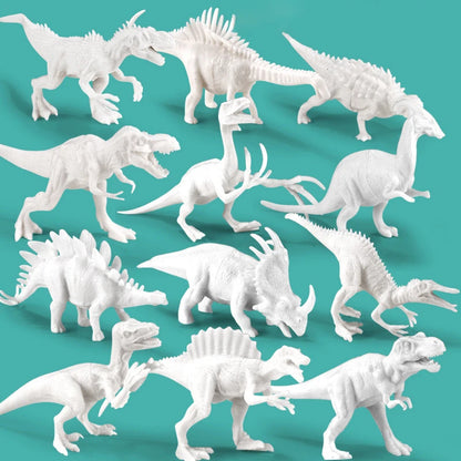 Set of unpainted white dinosaur figures in various poses, suitable for kids' DIY painting activities