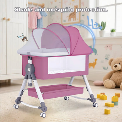 Baby Crib Portable Splicing Cradle Bed Foldable Height Adjustable 3 in 1 Bassinet Bedside Sleeper with Wheels mosquito net
