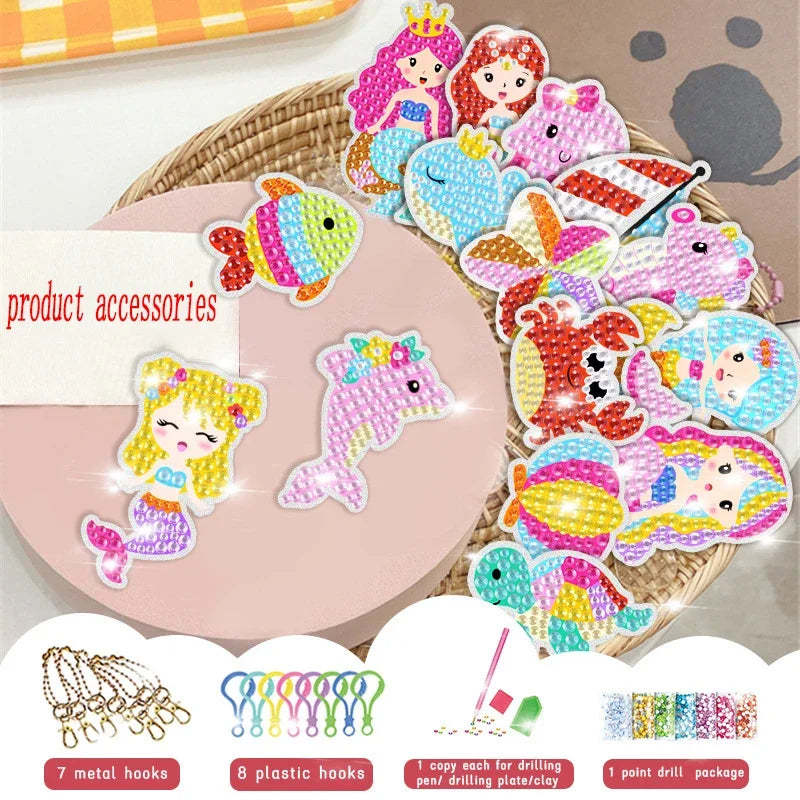 New 15 Piece Diamond Painting Handicraft Set for Children's Handmade DIY Mermaid Animal Keychain as a Gift for Children's