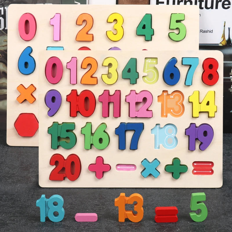 Colorful wooden puzzle featuring numbers, shapes, and math symbols on a light wooden board.