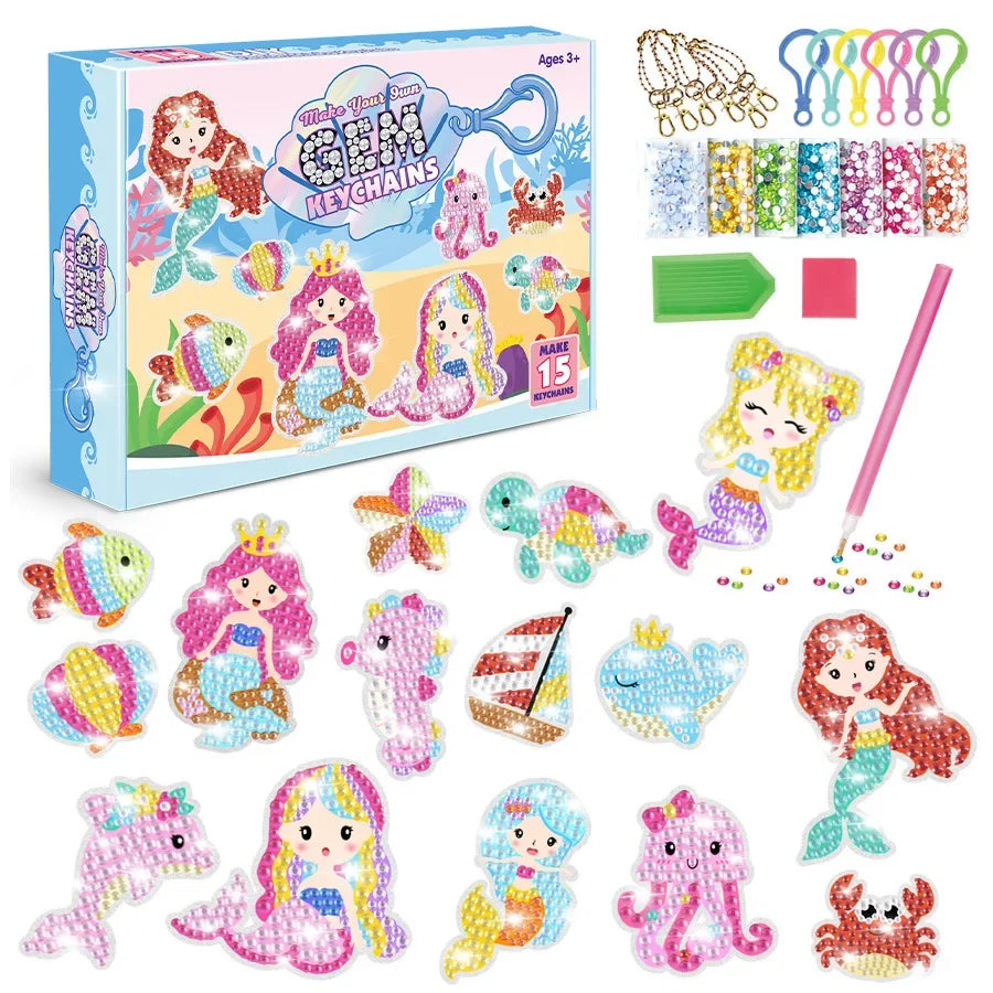New 15 Piece Diamond Painting Handicraft Set for Children's Handmade DIY Mermaid Animal Keychain as a Gift for Children's