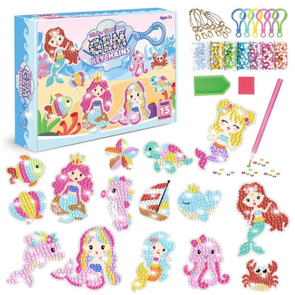 New 15 Piece Diamond Painting Handicraft Set for Children's Handmade DIY Mermaid Animal Keychain as a Gift for Children's