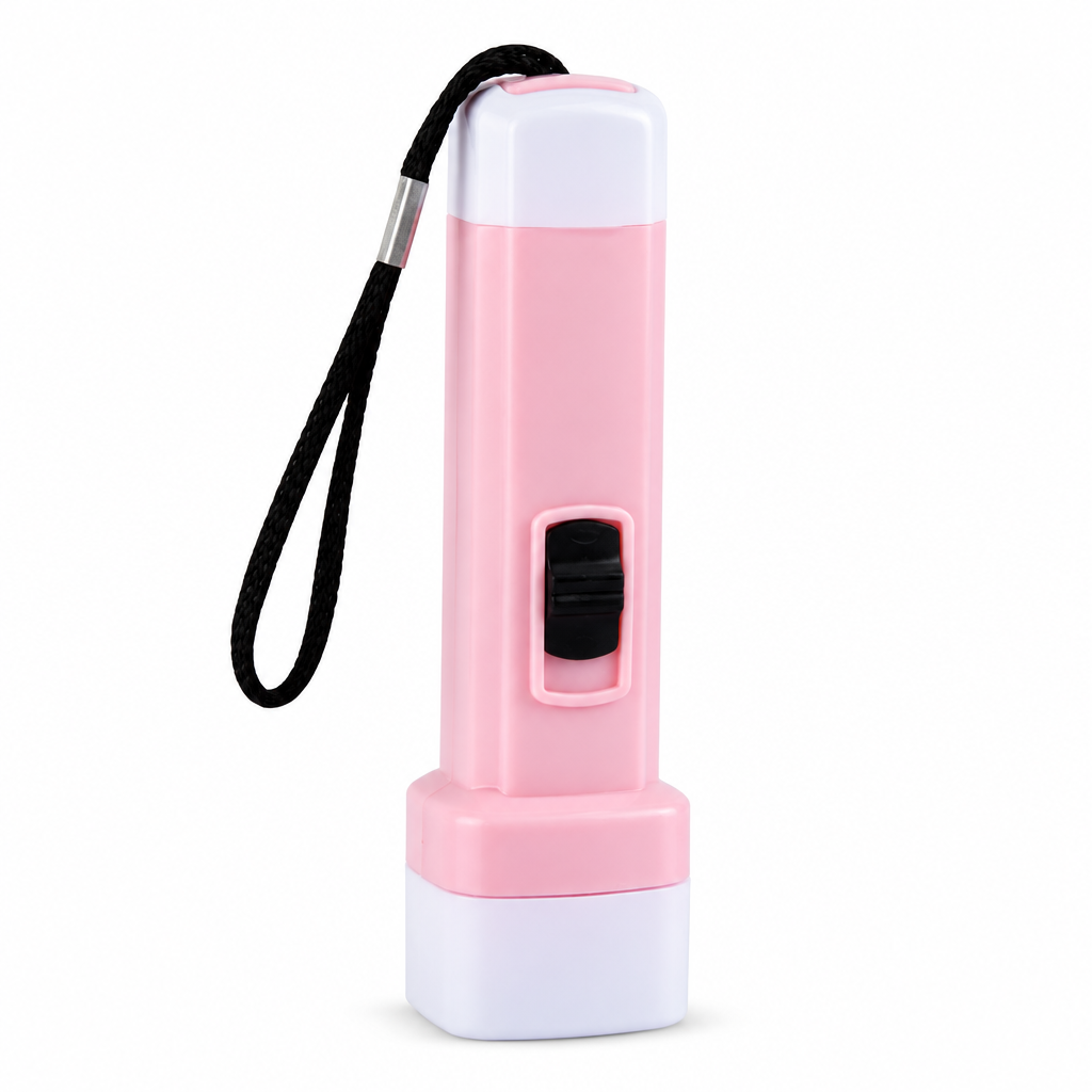 Pink flashlight with a black strap on a white background