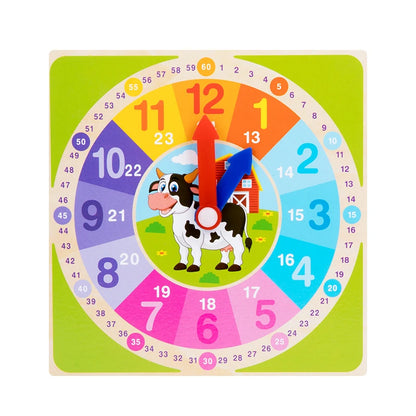 Colorful wooden clock puzzle with numbers, cow illustration, and movable hands for kids' learning.
