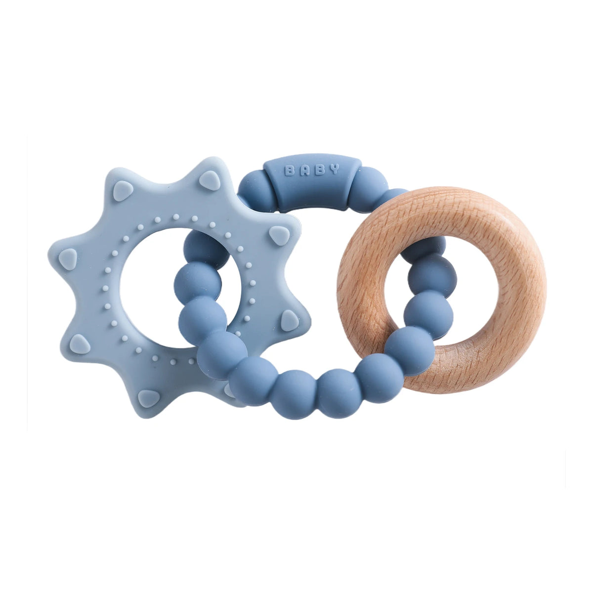 Blue silicone teether shaped like a star with textured points, connected to a wooden ring and blue beads.