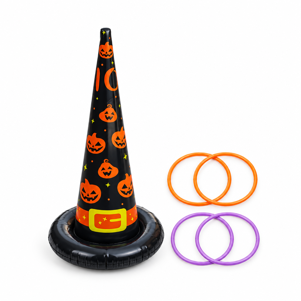 A black inflatable Halloween cone with orange jack-o'-lantern and moon patterns, shown with dimension arrows indicating 55 cm height and 25 cm base width. Two thin circular rings in orange and purple are shown to the right.