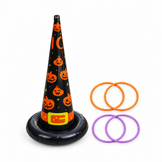 A black inflatable Halloween cone with orange jack-o'-lantern and moon patterns, shown with dimension arrows indicating 55 cm height and 25 cm base width. Two thin circular rings in orange and purple are shown to the right.