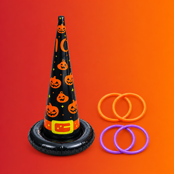 A Halloween-themed inflatable cone with a black body, orange jack-o'-lantern pattern, and a yellow buckle detail, shown on a bright orange background with three plastic rings in orange, yellow, and purple.