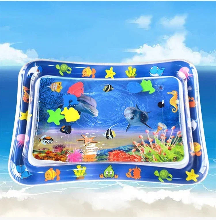 Inflatable water play mat with colorful sea creatures and underwater scene, designed for infant tummy time.