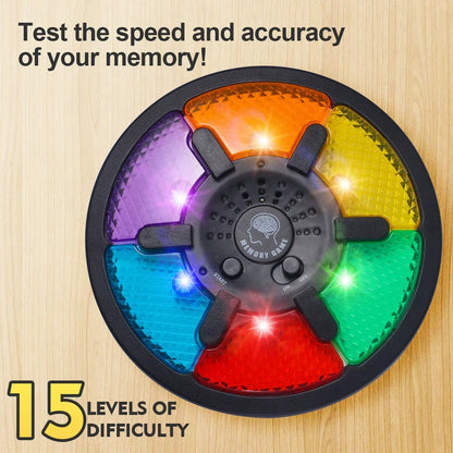 Handheld electronic memory game with colorful buttons: red, blue, green, purple, featuring lights and sounds.