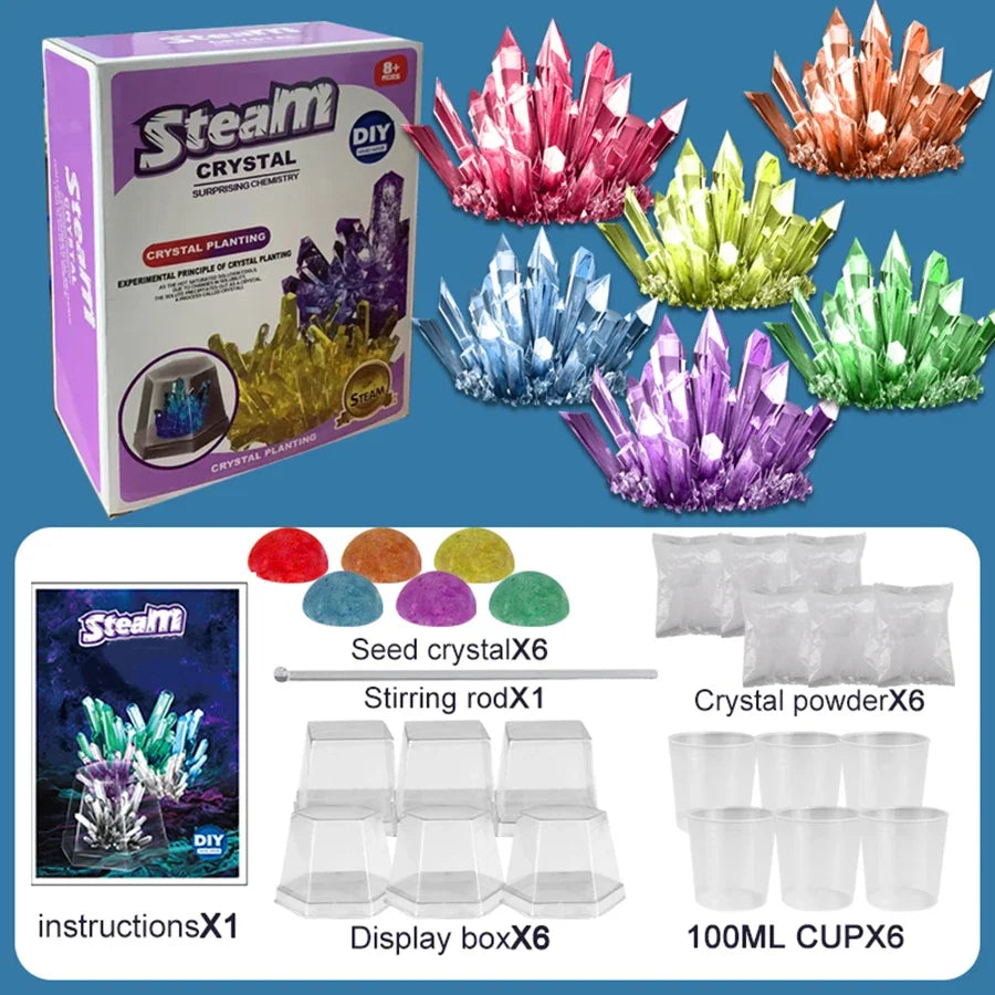 Colorful growable crystals in various shapes, includes seed crystals, crystal powder, and display cups.