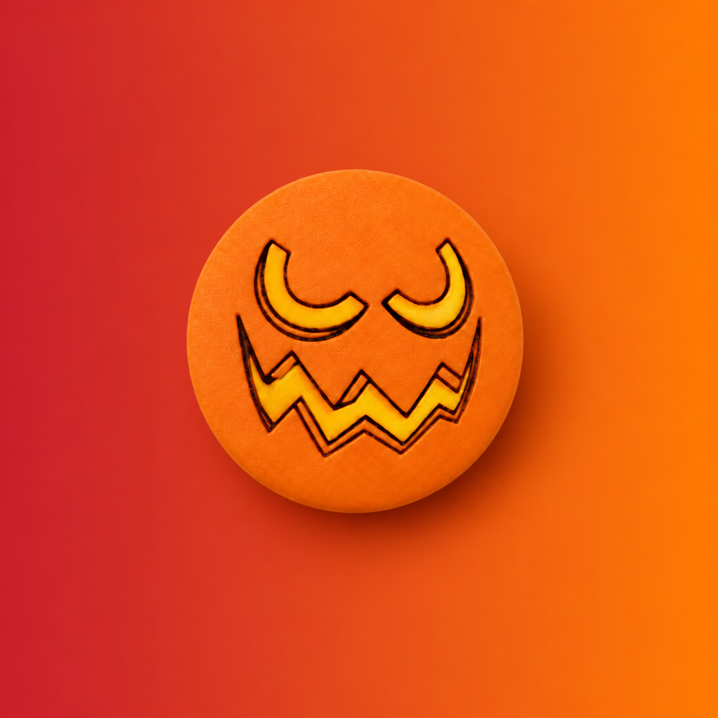 An orange circular pumpkin face pin or badge with a carved jack-o'-lantern design, centered on a plain white background.