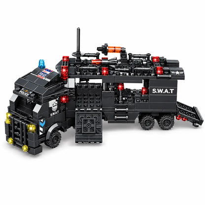 Black SWAT police command truck building blocks with lights, detailed design, and movable parts, educational kid toy.