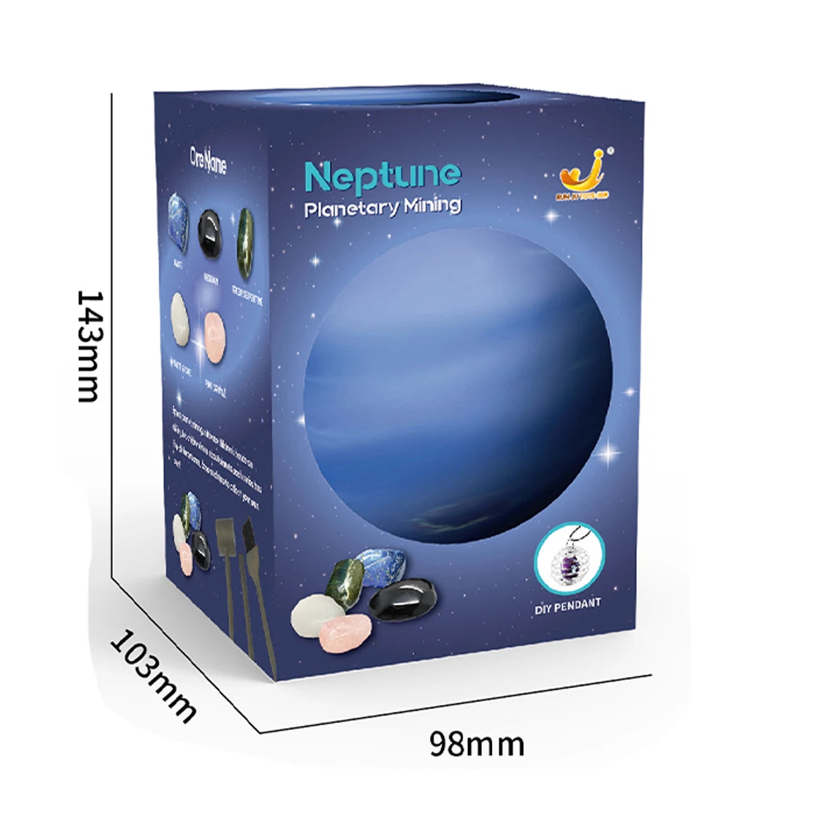 Neptune-themed box for a children's archaeological digging toy, featuring colorful gems and a space design.