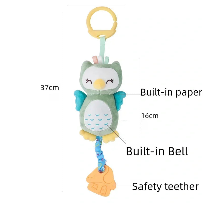 Soft stuffed animal owl rattle with a ring, safety teether, and built-in bell, in green and pastel colors