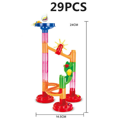 Colorful marble run track with orange, green, and pink pieces, featuring a ball drop and spiral track, 29 pcs