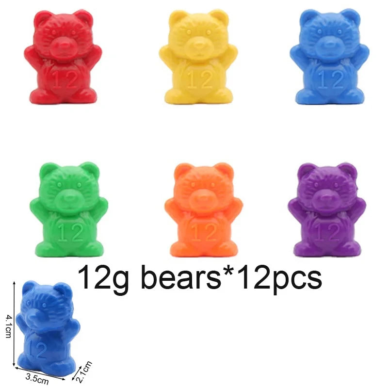 Colorful plastic counting bears in red, yellow, green, orange, purple, and blue, each marked with '12g'.