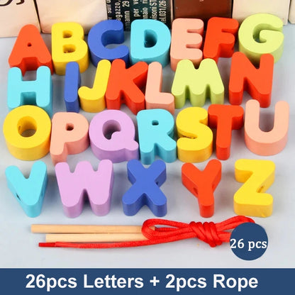 Colorful wooden letter beads in various shapes, with two red ropes for threading, labeled 26 pcs.