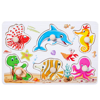Wooden puzzle board featuring colorful sea animals like a dolphin, turtle, and octopus with matching pegs.