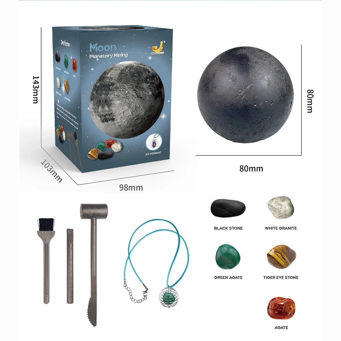Box for a children's archaeological digging toy featuring a moon design, with tools and various stones displayed.