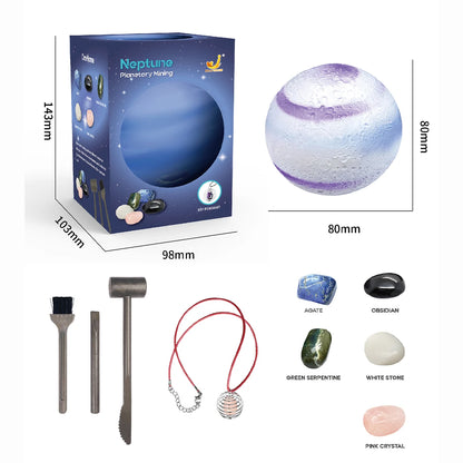 Box of a children's archaeological digging toy with tools, gemstones, and a planet model, featuring colorful designs.