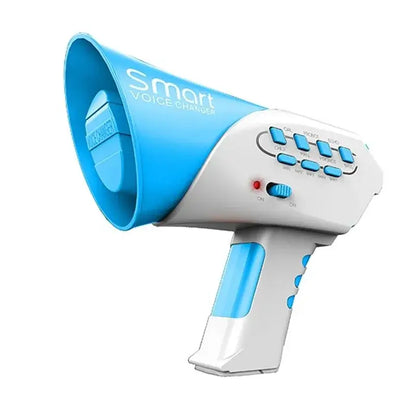 Blue electric megaphone with voice changer buttons and a large speaker, designed for kids' roleplay and fun.