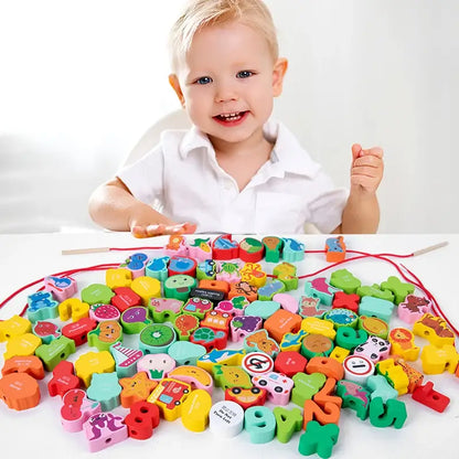 Colorful wooden beads in various shapes and designs scattered on a table, with a child threading them on strings.