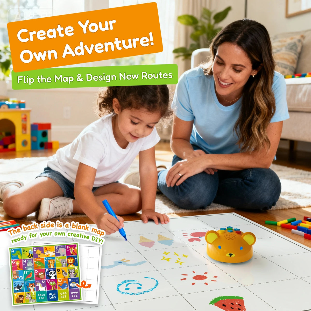 Two children playing on a colorful map with a coding robot bear, surrounded by toys and art supplies.