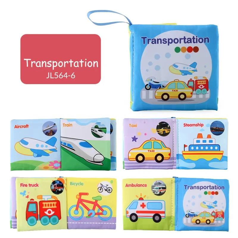 Colorful cloth book set featuring transportation-themed pages with illustrations of vehicles like a taxi, fire truck, and