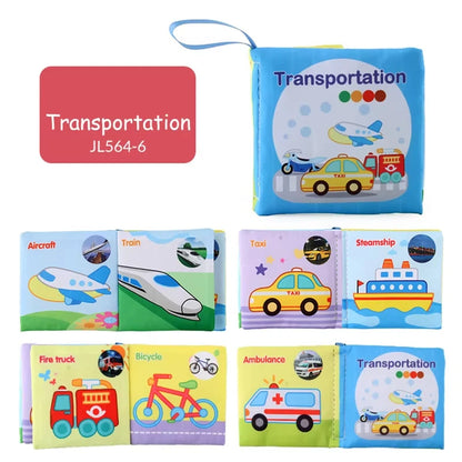 Colorful cloth book set featuring transportation-themed pages with illustrations of vehicles like a taxi, fire truck, and