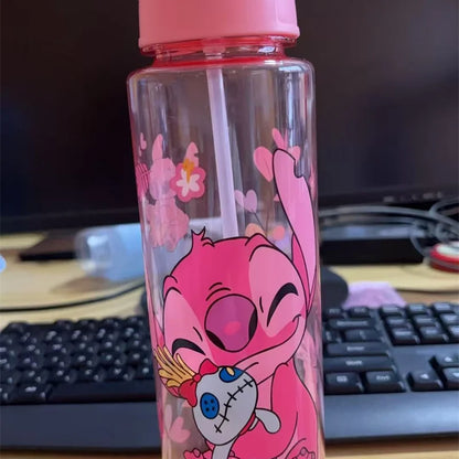 700ML Stitch Angel Cartoon Water Cup Gray Blue Portable Plastic Large Capacity Cartoon Figures Clear Cup Outdoor Sports Water Bo