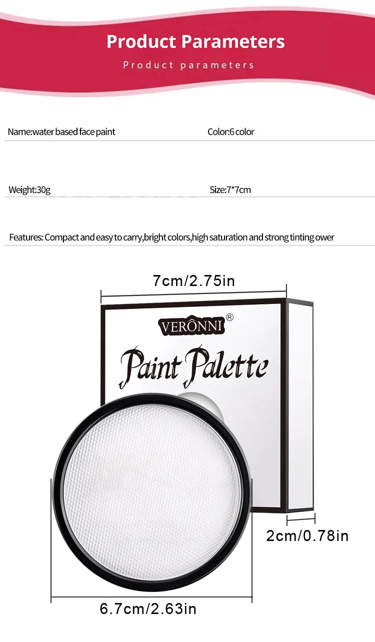 Water Activated Face & Body Paint - 6 Colors with Brush