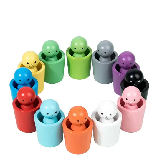 Colorful wooden cups with smiling figures in various colors arranged in a circular pattern, ideal for sorting and matching.