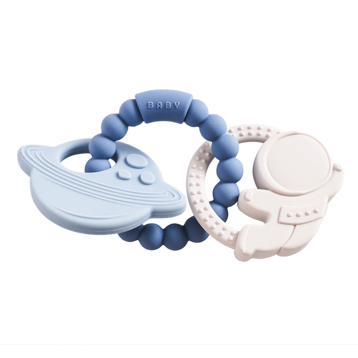 Silicone teether in blue and white, featuring a planet and astronaut design, with round beads in blue and white.