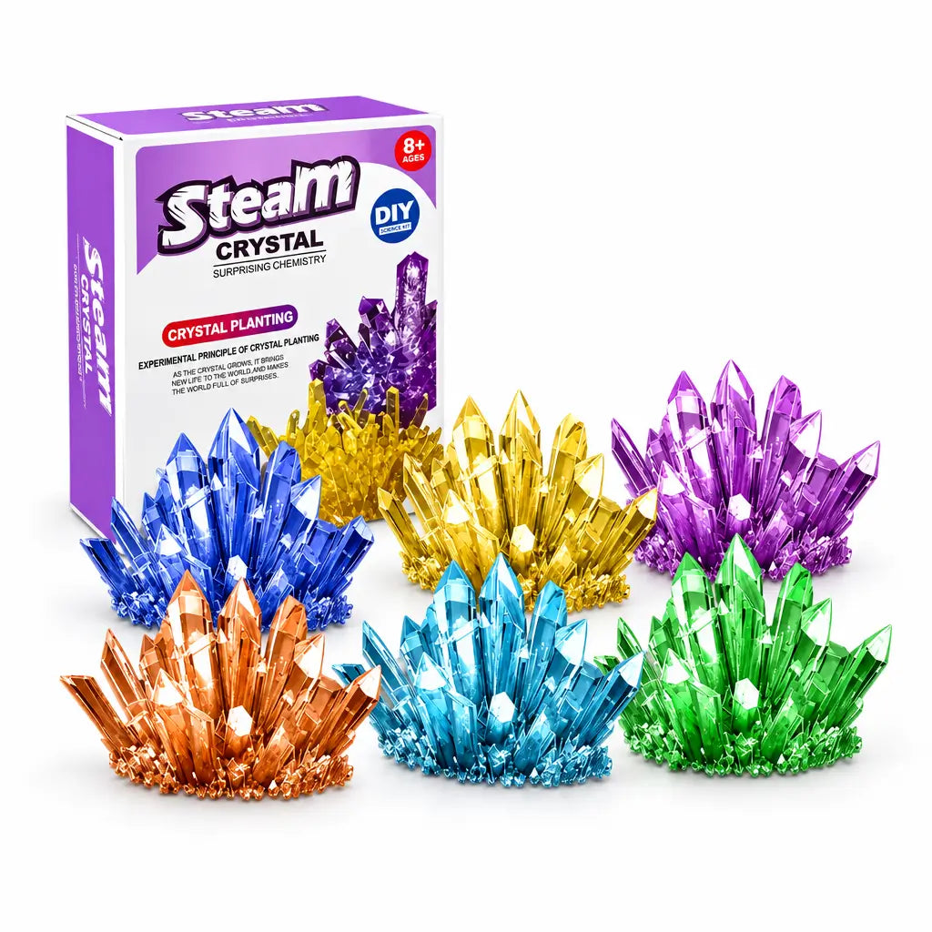 Crystal-growing kit on a white studio background