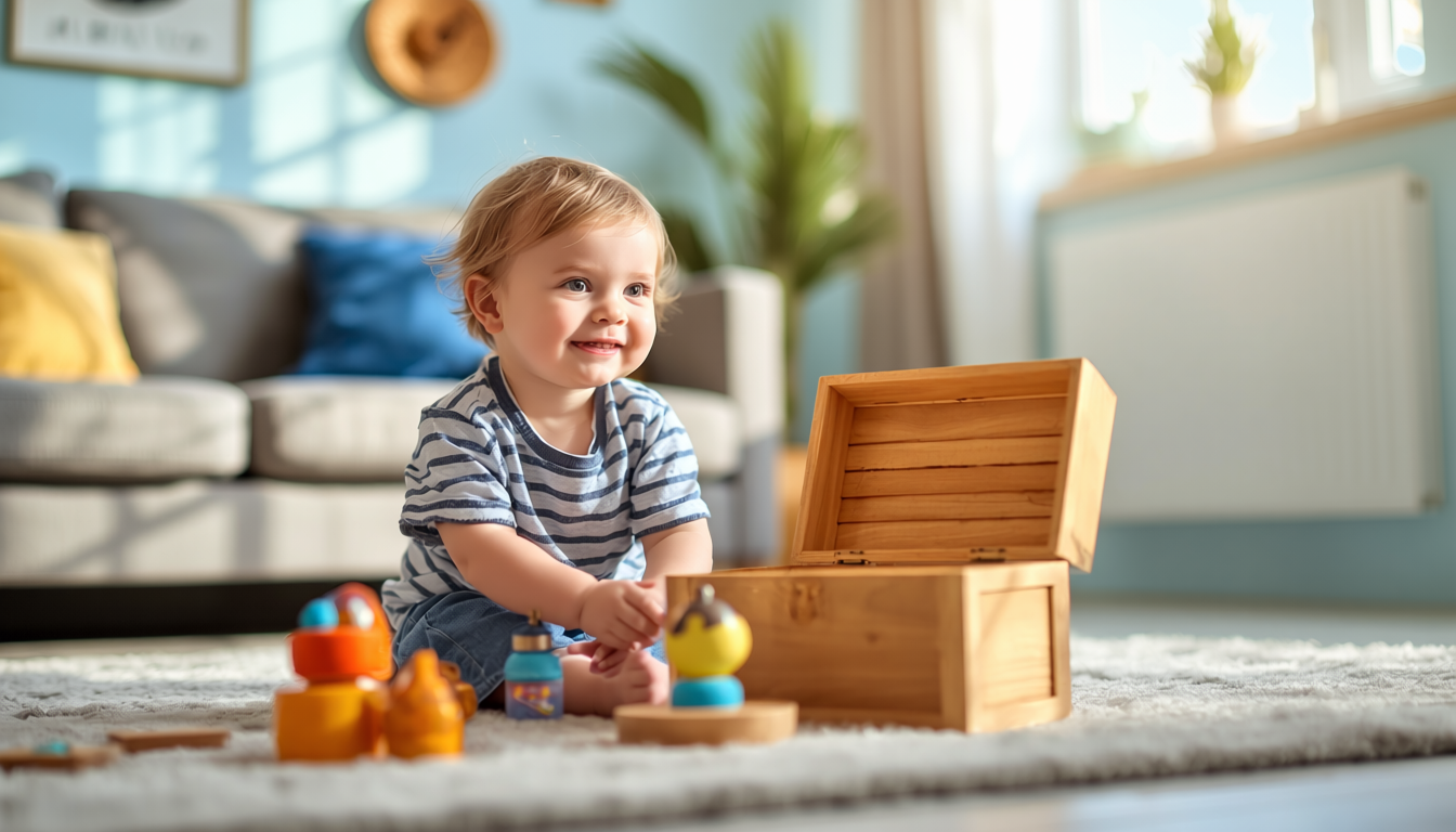 A smiling toddler sits on a light rug in a bright living room, interacting with a small wooden toy box and colorful blocks.